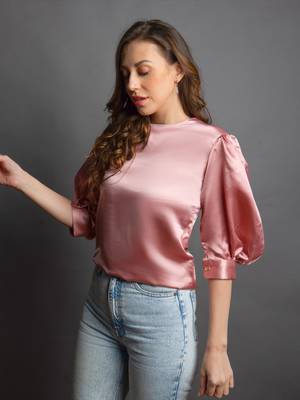Rose pink satin puff sleeve top 1