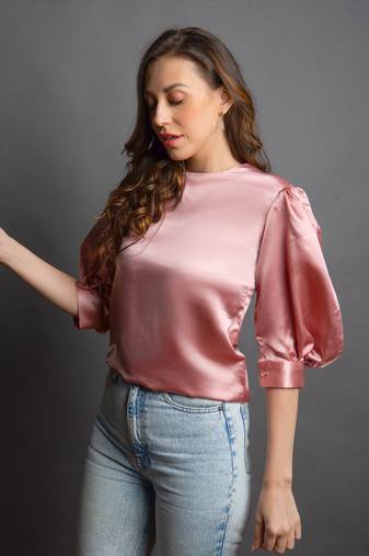 Rose pink satin puff sleeve top