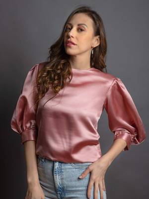Rose pink satin puff sleeve top 2