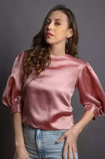 Rose pink satin puff sleeve top
