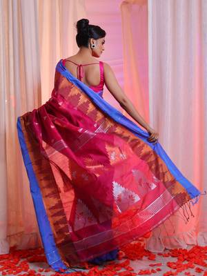 Fuchsia Cotton Blend Handwoven Saree With Temple Border 4