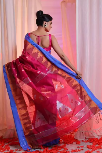Fuchsia Cotton Blend Handwoven Saree With Temple Border