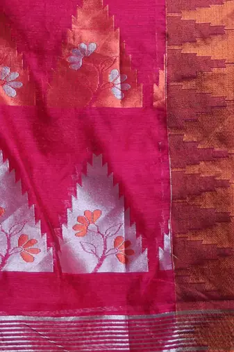 Fuchsia Cotton Blend Handwoven Saree With Temple Border