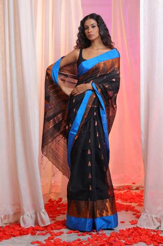 Black Cotton Blend Handwoven Saree With Temple Border