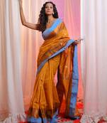 Honey Yellow Cotton Blend Handwoven Saree With Temple Border