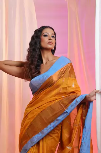 Honey Yellow Cotton Blend Handwoven Saree With Temple Border