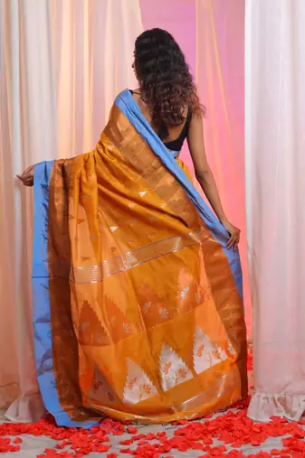 Honey Yellow Cotton Blend Handwoven Saree With Temple Border