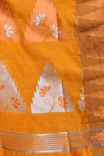 Honey Yellow Cotton Blend Handwoven Saree With Temple Border