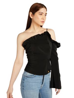 One sleeve cold shoulder top with ruffle detail on neck 3