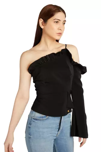 One sleeve cold shoulder top with ruffle detail on neck