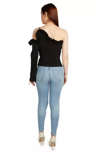 One sleeve cold shoulder top with ruffle detail on neck