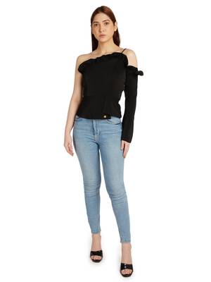 One sleeve cold shoulder top with ruffle detail on neck 1