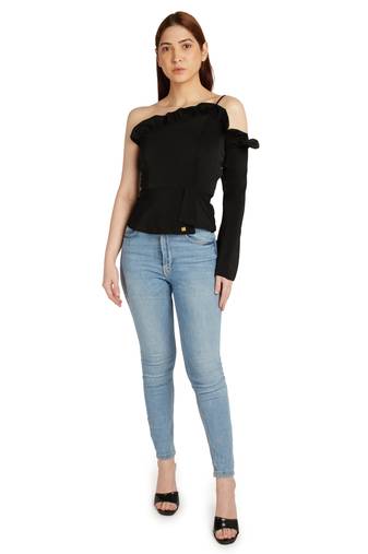 One sleeve cold shoulder top with ruffle detail on neck