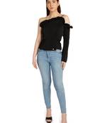One sleeve cold shoulder top with ruffle detail on neck