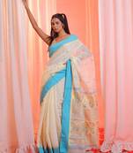 Off White Cotton Blend Handwoven Saree With Paisley Motifs Pallu