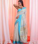 Ecru Cotton Blend Handwoven Saree With Paisley Motifs Pallu