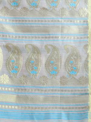 Ecru Cotton Blend Handwoven Saree With Paisley Motifs Pallu 5