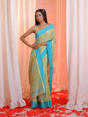 Pistachio Green Cotton Blend Handwoven Saree With Paisley Motifs Pallu 1