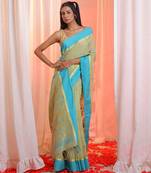 Pistachio Green Cotton Blend Handwoven Saree With Paisley Motifs Pallu