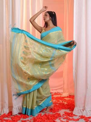 Pistachio Green Cotton Blend Handwoven Saree With Paisley Motifs Pallu 2