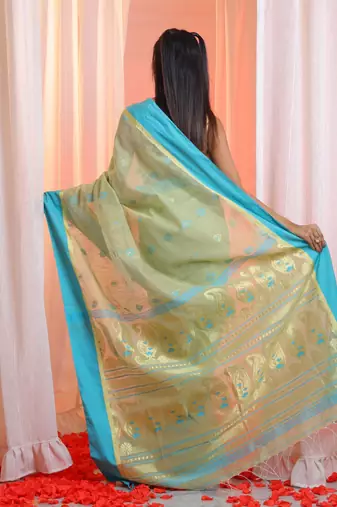 Pistachio Green Cotton Blend Handwoven Saree With Paisley Motifs Pallu