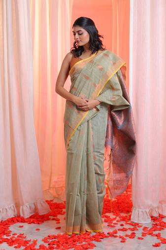 Pistachio Green Cotton Blend Handwoven Saree With Zari Border