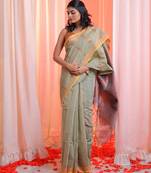 Pistachio Green Cotton Blend Handwoven Saree With Zari Border