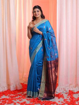 Cobalt Blue Cotton Blend Handwoven Saree With Zari Border 1
