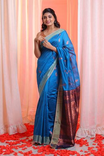 Cobalt Blue Cotton Blend Handwoven Saree With Zari Border