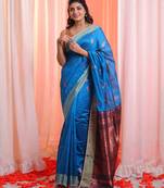 Cobalt Blue Cotton Blend Handwoven Saree With Zari Border