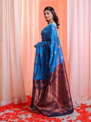 Cobalt Blue Cotton Blend Handwoven Saree With Zari Border 2
