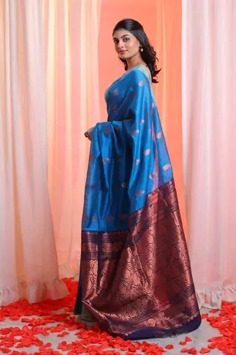 Cobalt Blue Cotton Blend Handwoven Saree With Zari Border