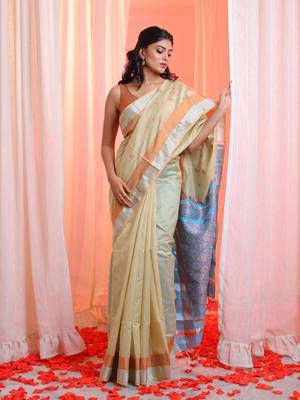 Beige Cotton Blend Handwoven Saree With Zari Border 1