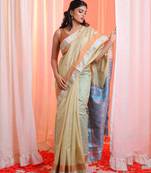 Beige Cotton Blend Handwoven Saree With Zari Border