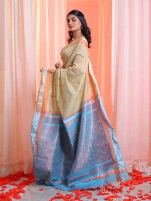 Beige Cotton Blend Handwoven Saree With Zari Border 2