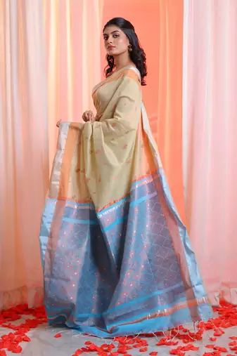 Beige Cotton Blend Handwoven Saree With Zari Border