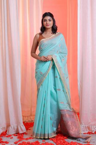 Sea Green Cotton Blend Handwoven Saree With Paisley Pallu