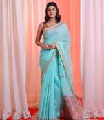 Sea Green Cotton Blend Handwoven Saree With Paisley Pallu