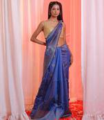 Blue Cotton Blend Handwoven Saree With Zari Border