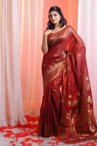 Maroon Cotton Blend Handwoven Saree With Zari Border