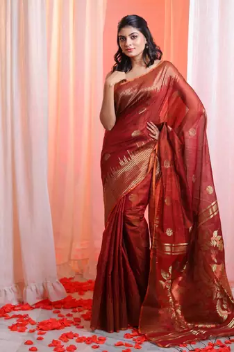 Maroon Cotton Blend Handwoven Saree With Zari Border