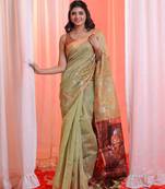 Pistachio Green Cotton Blend Handwoven Saree With Flower Motifs