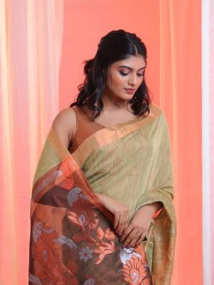 Pistachio Green Cotton Blend Handwoven Saree With Flower Motifs 3