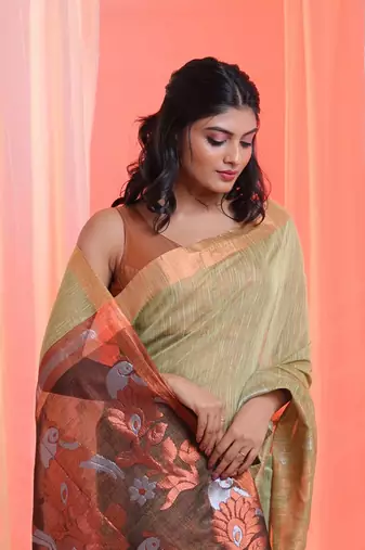 Pistachio Green Cotton Blend Handwoven Saree With Flower Motifs