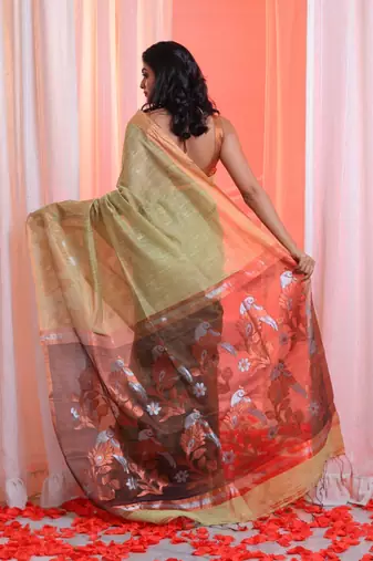 Pistachio Green Cotton Blend Handwoven Saree With Flower Motifs