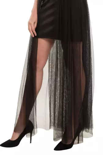 Short skirt with long net trail