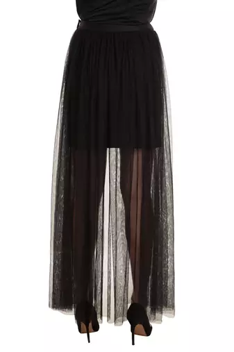 Short skirt with long net trail