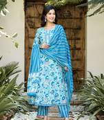  sky blue floral anarkali kurta trouser and dupatta set