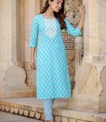  turquoise floral straight kurta trouser and dupatta set