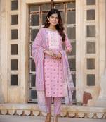 Yufta- peach cotton printed kurta dupatta set